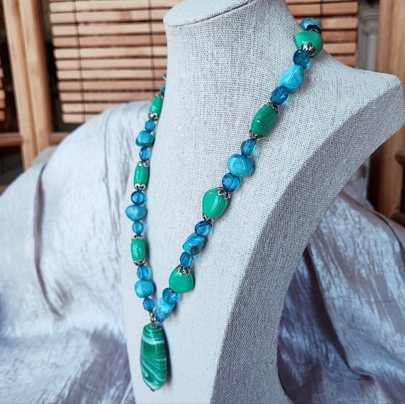 Art Sea Glass Stone Silver Tone Stephan & Co Green Turquoise Color Necklace NWT - Picture 13 of 15